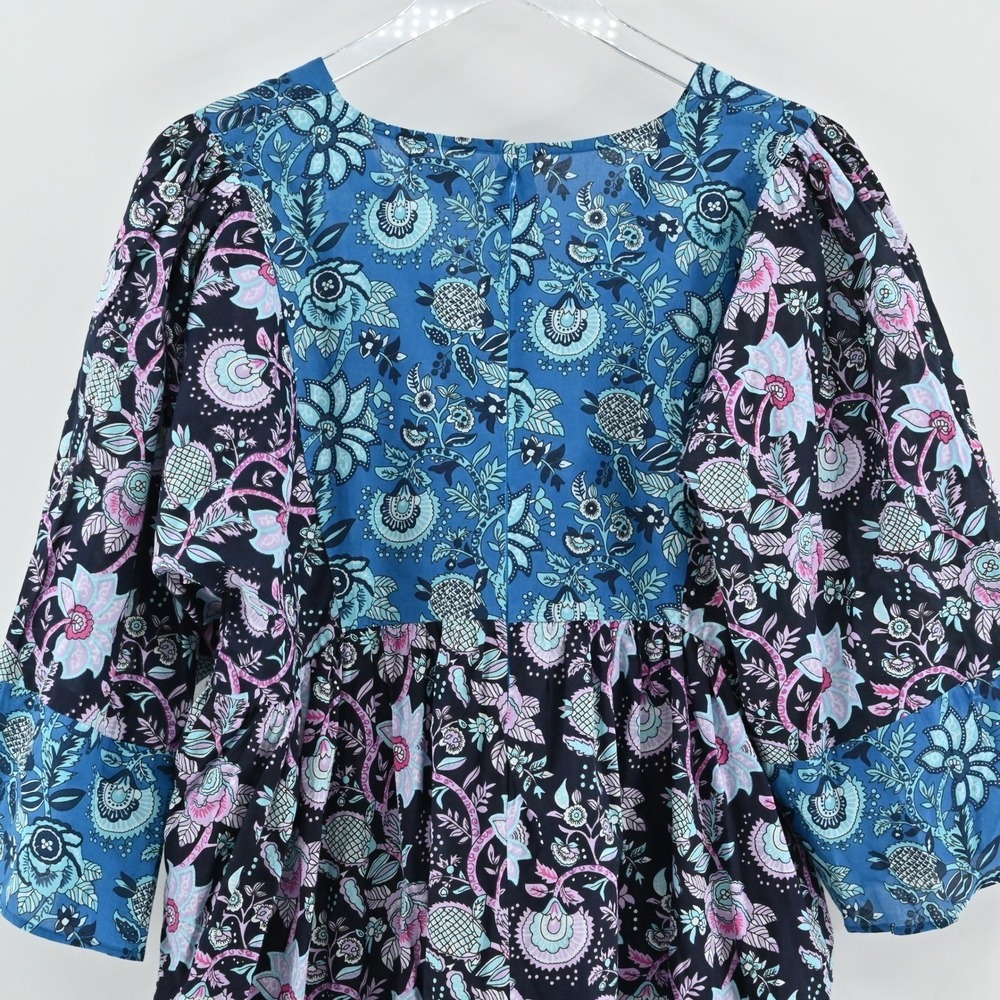 Millie Resort Travel Floral Dress Size L Blue Paisley Bohemian Cotton India Boho - Picture 11 of 13